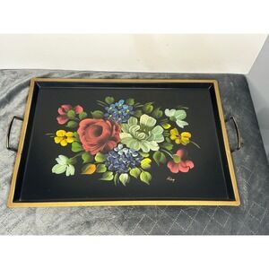 VTG Nashco New York Hand Painted Tole Heavy Metal Large Tray Green Floral Signed